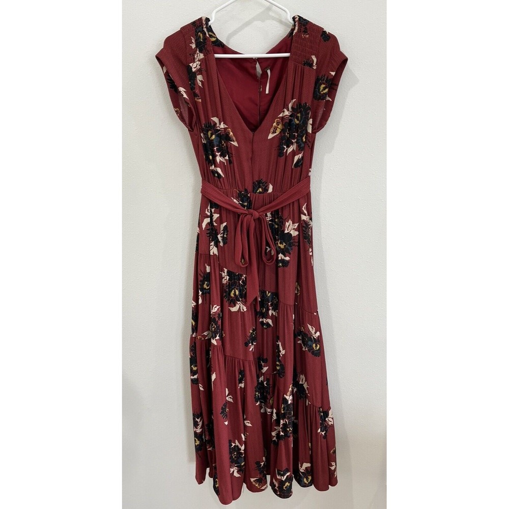 Free People Womens Dress 4 Red Floral V neck Tiered Long Maxi Midi